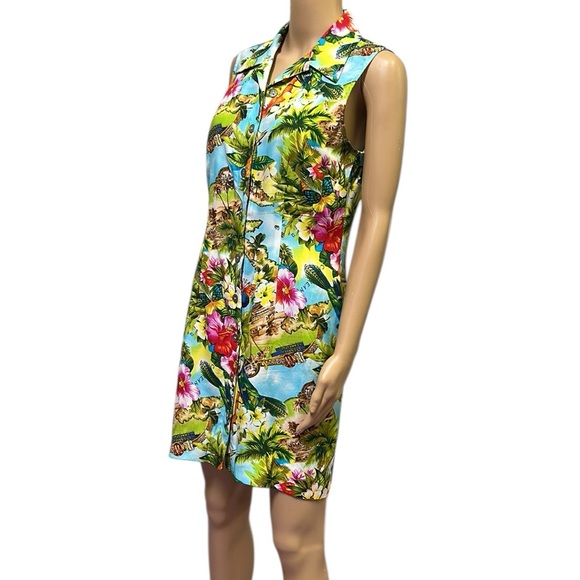 Vintage Y2k Collared Blue Tropical Button Front Sleeveless Dress Womens Medium - Picture 2 of 11